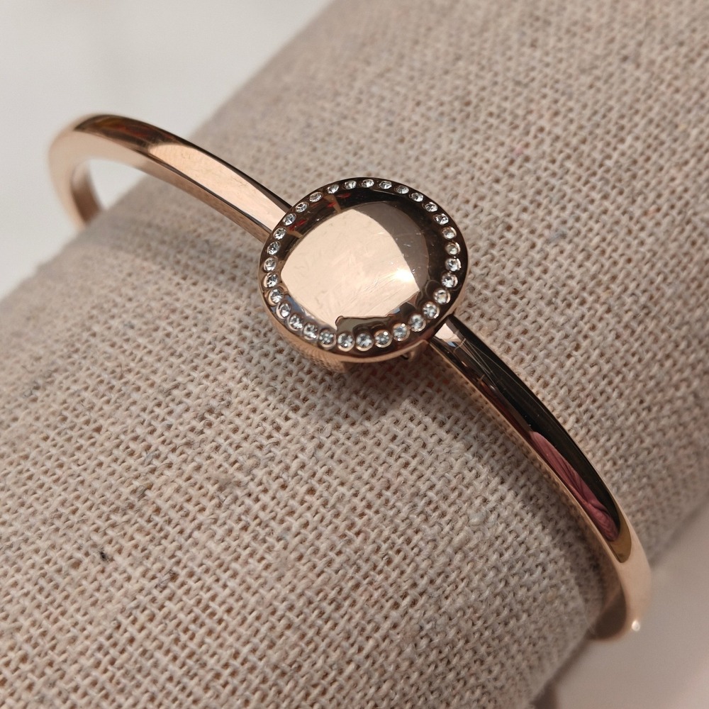 Anne Klein Rose Gold Tone Bangle Bracelet Cuff Crystal Halo Round Centerpiece